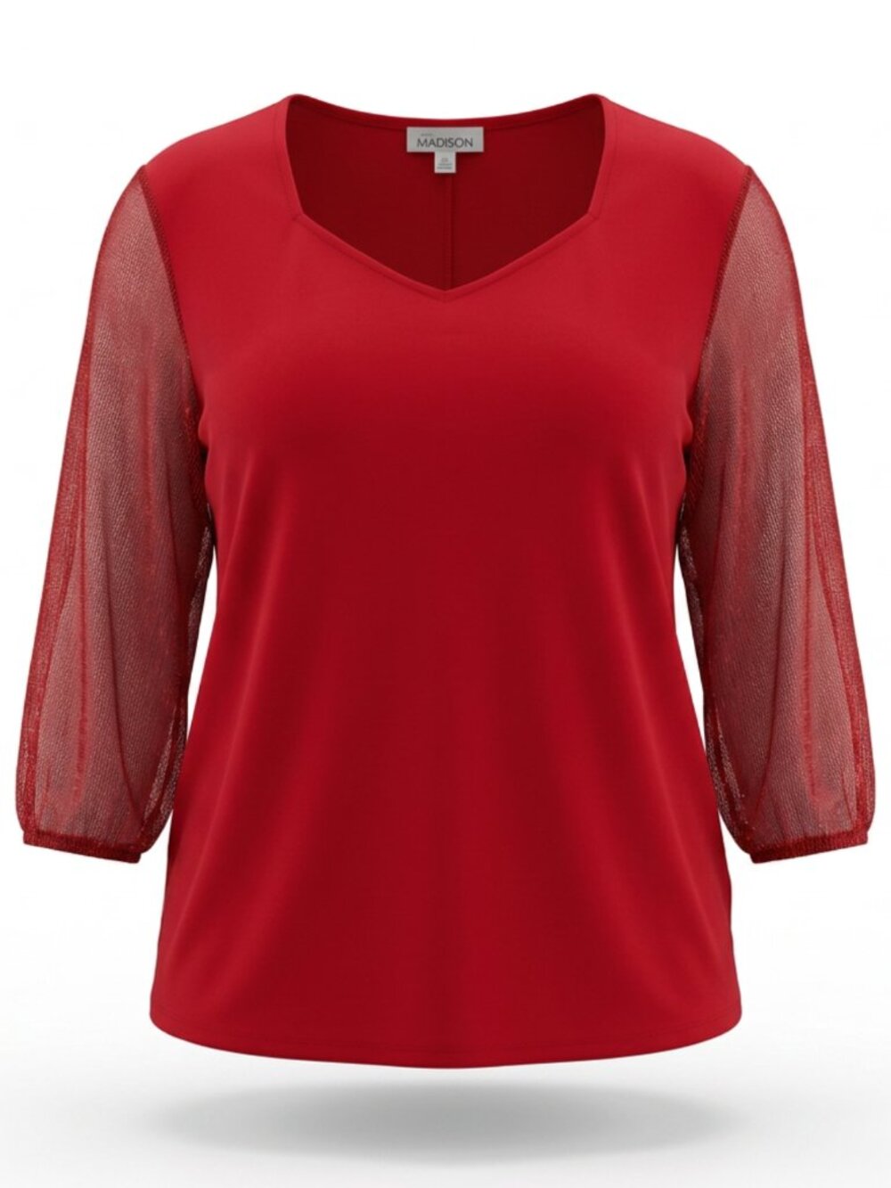 Red Heart Neck 3/4 Sleeve Blouse with Sheer Sleeves